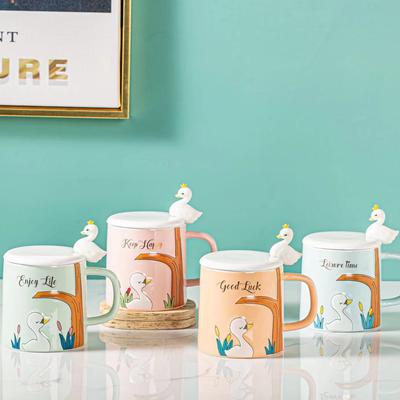 Creative Embossed Little Swan Ceramic Cup with Lid Spoon for Couples Office Home Mug Large Capacity Souvenir