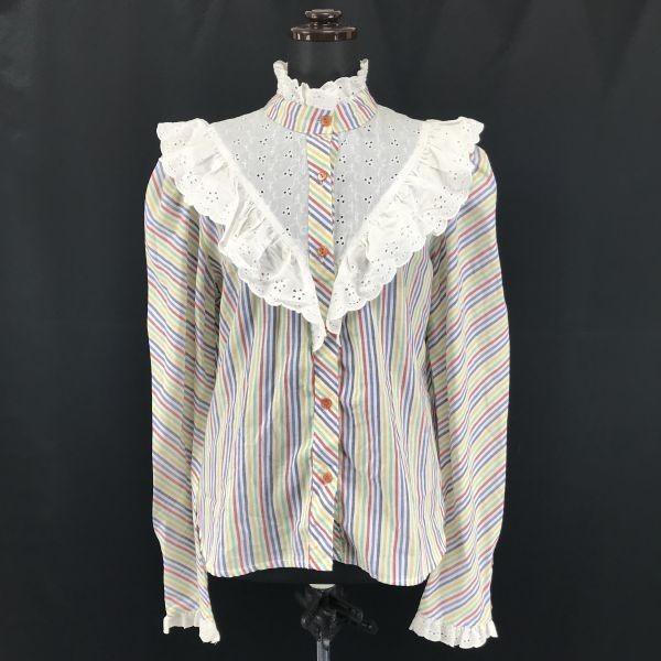 

80s-90s USA Vintage / Circle T by Marilyn Williams / Frill Long Sleeve Shirt [Women s L Approx. / Stripe] Tops / Shirts