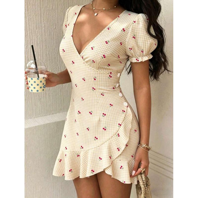 European summer new French design age-reducing cherry print V-neck ruffle edge dress
