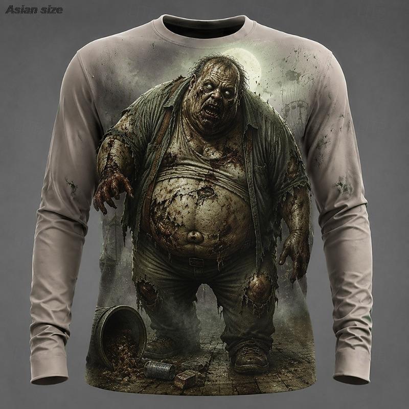 Men Halloween 3D Print Long Sleeve Sweatshirt Long‑Hair Skull Ghost Pattern Crew Neck Pullover Casual Party Streetwear Tops