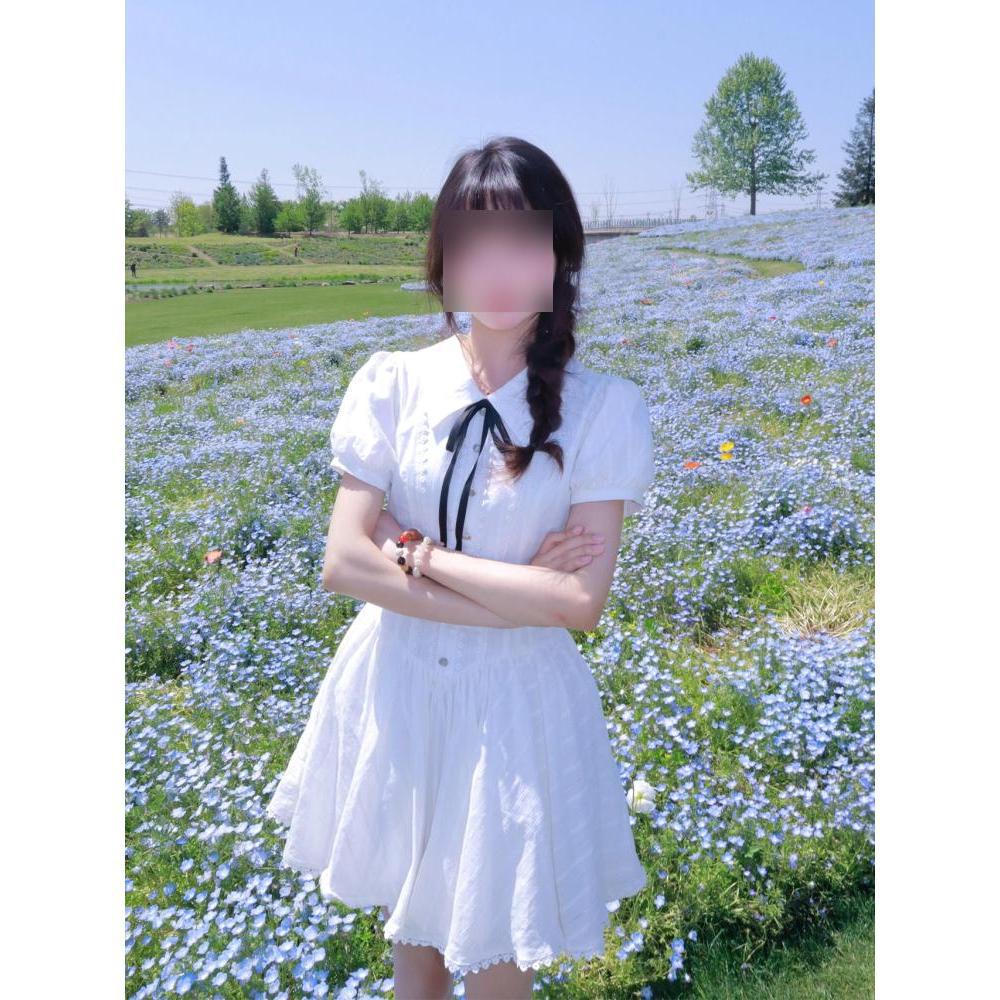 College style puff sleeve princess dress waist-cinched pleated puffy skirt white moonlight dress girl summer beauty