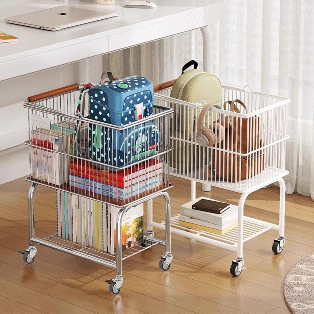 Movable Dirty Clothes Basket With Wheel Double-Layer Clothes Storage Trolley Storage Basket Bathroom Carbon Steel Clothes Basket
