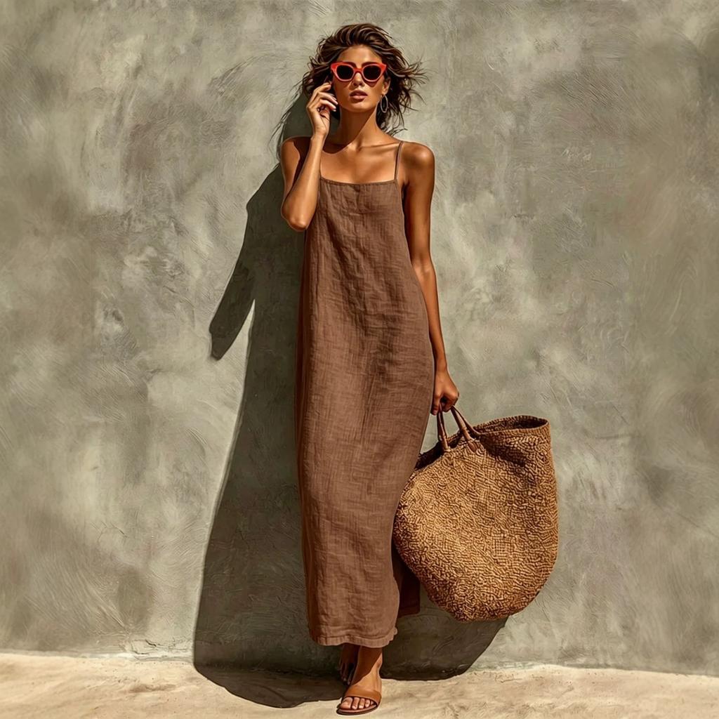 Europäisches und amerikanisches Sommer-Neues einfarbiges sexy Retro-Faulenzer-Stil Baumwoll- und Leinen-Latz-Langes Damenkleid