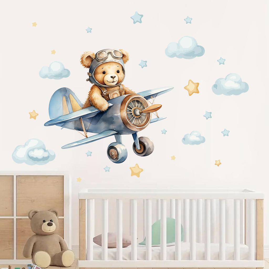 PVC Self-adhesive Wall Stickers for Kids Room Decoration Bedroom Cartoon Airplane Astronaut Bear Decals