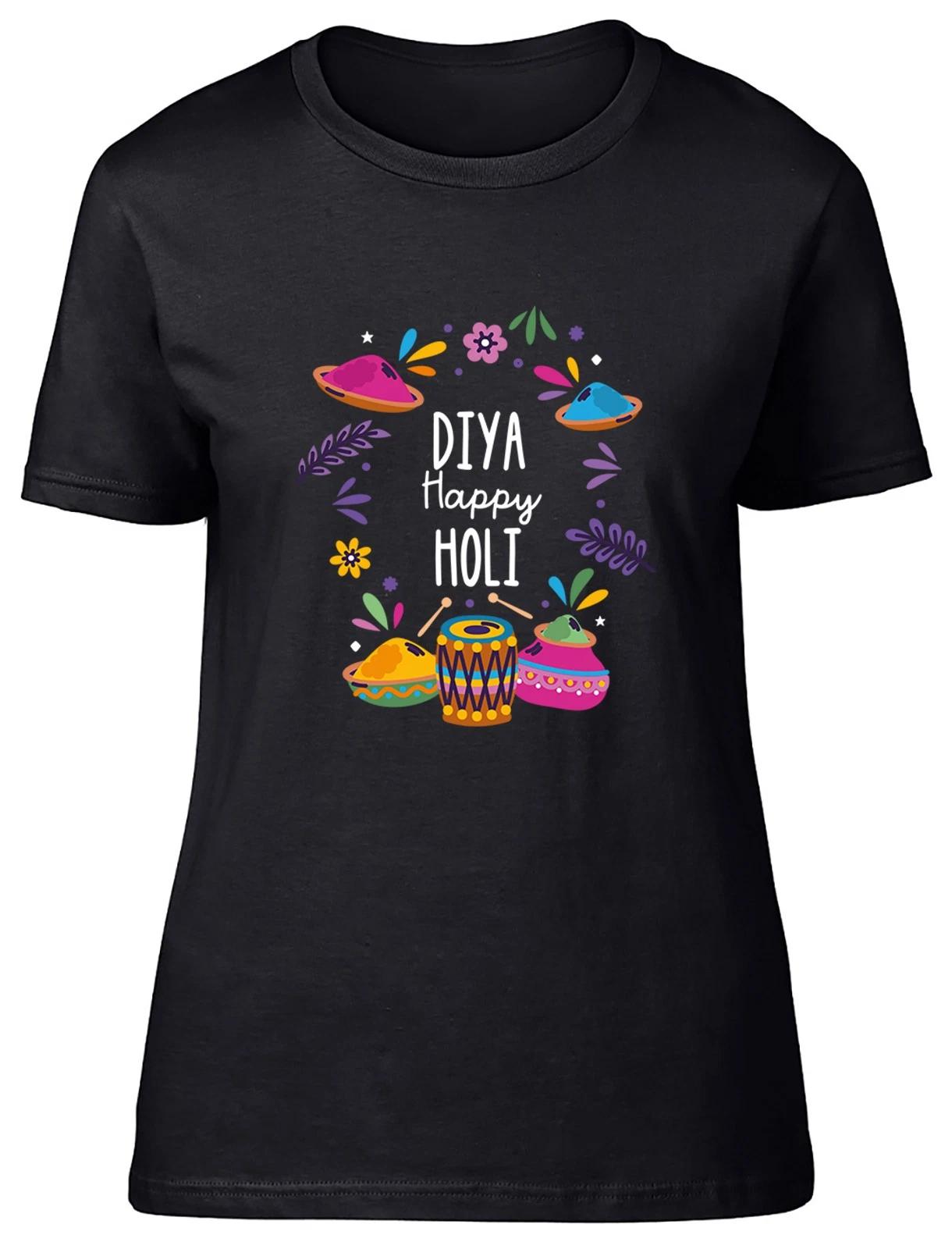 Personalised Happy Holi Pots of Colour & Flowers Womens T-Shirt Ladies Gift Tee M