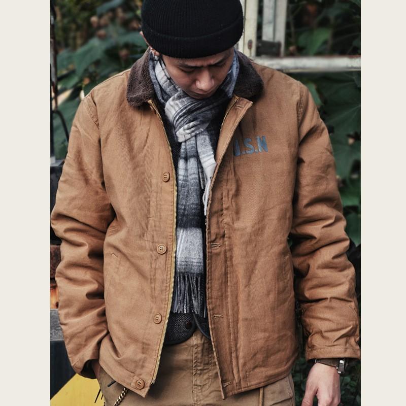 Mens Vintage Amekaji N1 Deck Jacket Thick Fleece Lined Winter Warm Cotton Coat Casual Loose Fit