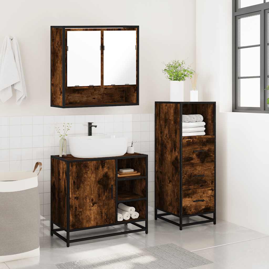 3 Piece Bathroom Furniture Set In Smoked Oak Wood Based Material