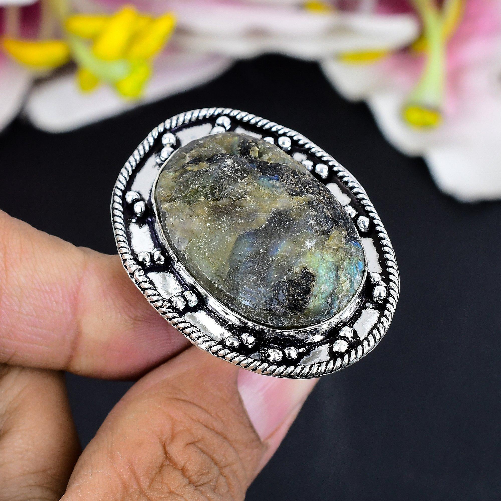 

Labradorite Rough Gemstone Handmade 925 Sterling Silver Jewelry Ring Size 8 KG-1671