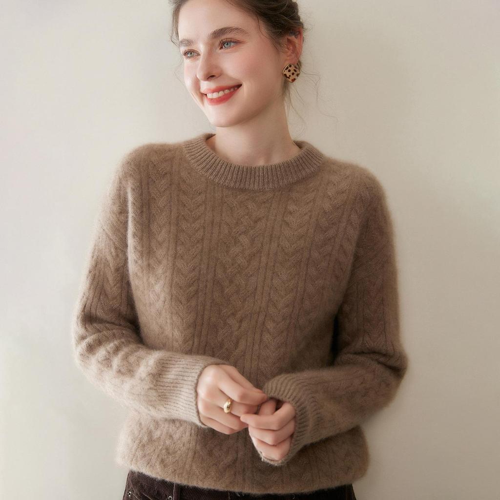 Women's Thickened Cashmere Sweater - Round Neck, Drop Shoulder, Loose Cable Knit Pullover