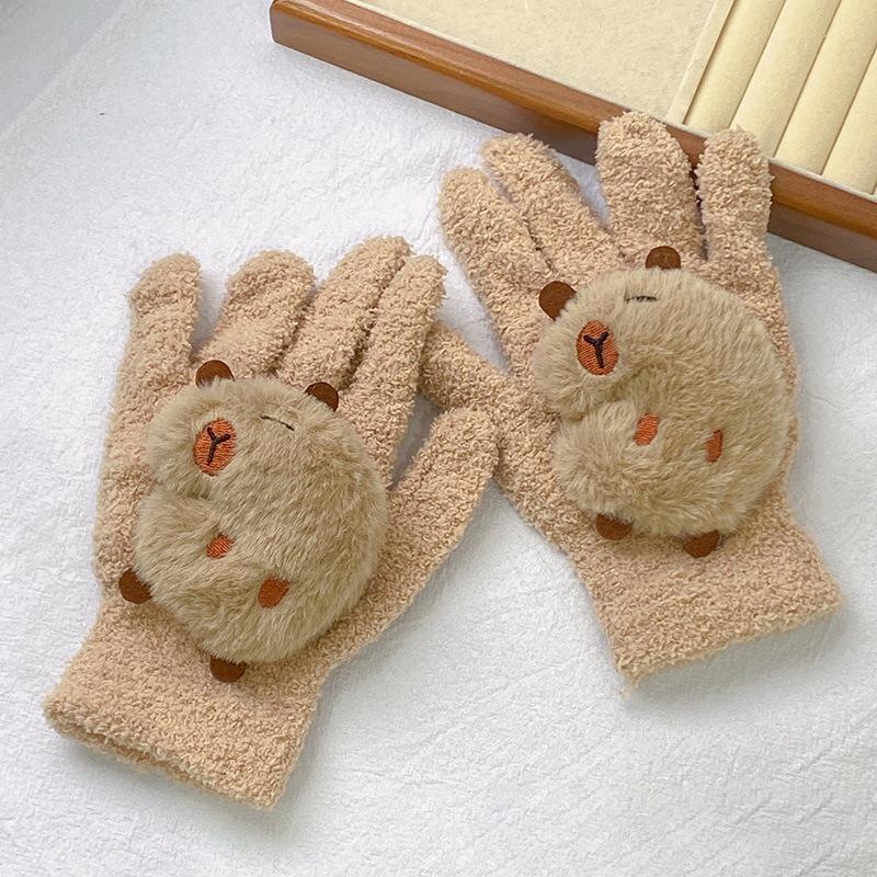 Soft Full Finger Capybara Plush Gloves Winter Outdoor Cycling Warm Antifreeze Windproof Gloves