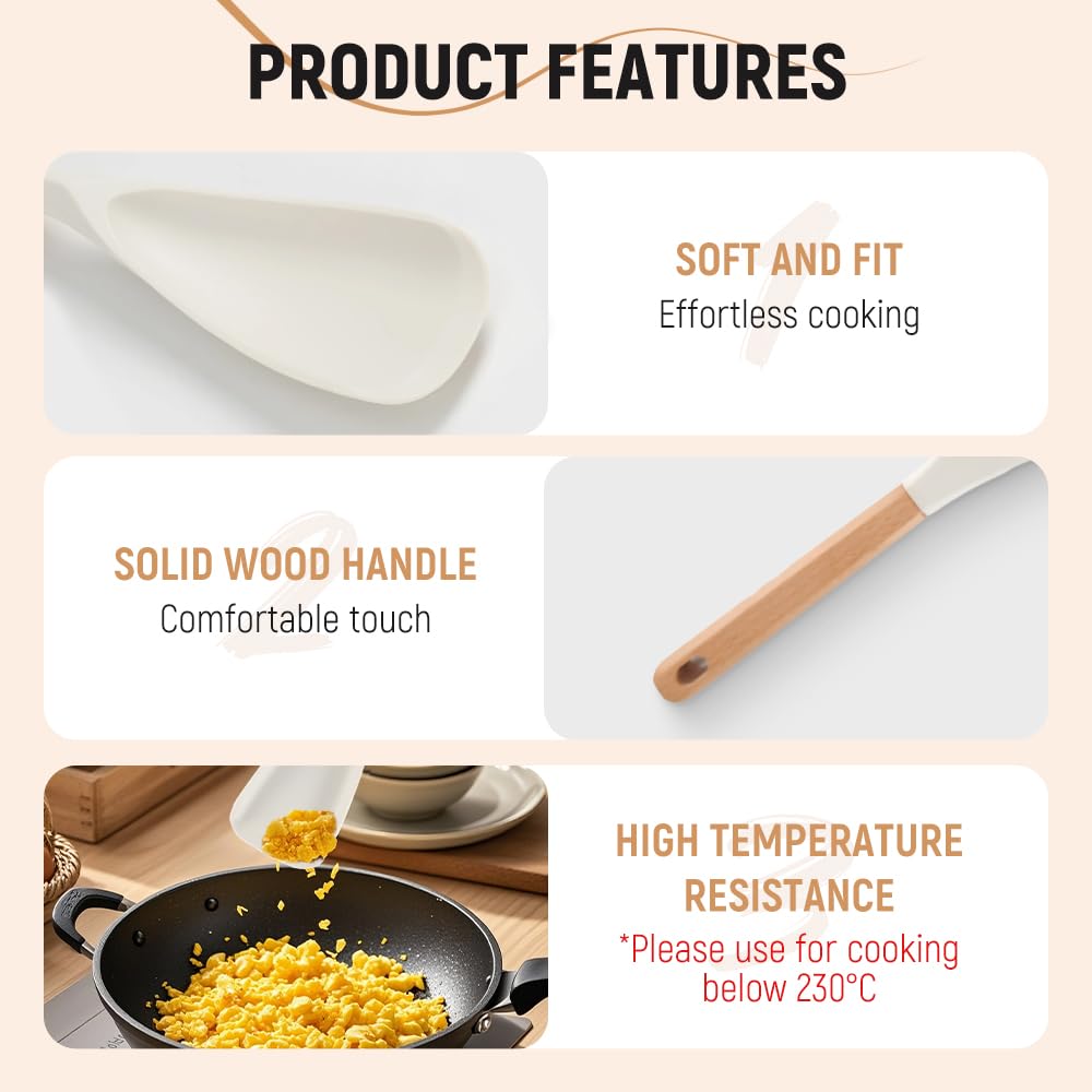 Silicone Cooking Spoon for Nonstick Cookwares,Durable BPA-Free,Rice Scooper,Wood Handle Spoon for Mixing Salad,Scoop,Scrape