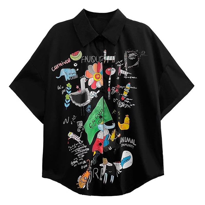 DIMANAF 2024 Plus velikost Nová halenka v letním stylu Vintage Retro design Krátký rukáv Barevný potisk Ležérní košile Ženy Volná košile s potiskem