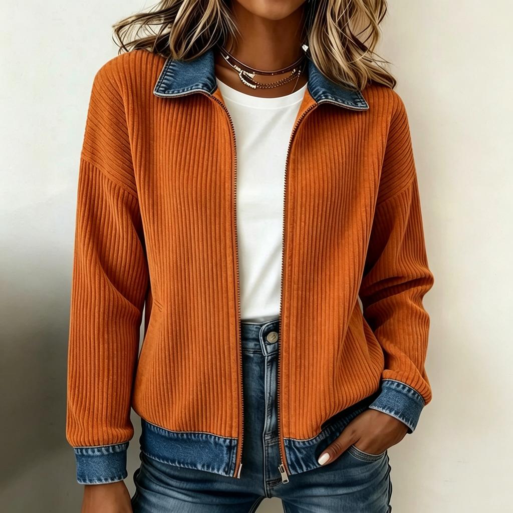 Women's Fashion Knit Denim Cardigan Jacket, Long Sleeve Casual Blouse with Patchwork Design, Fall Winter Outerwear