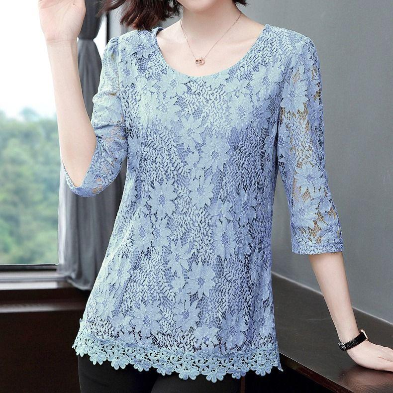 Lace 3/4 Sleeve Plus Size Women's Top Autumn T-shirt Versatile Belly Covering Westernized Shirt