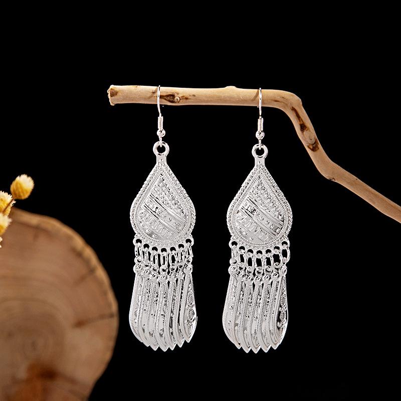 Imitation Miao Silver Ethnic Long Leaf Tassel Dangle Earrings