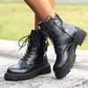 Fashion Black Thick Sole Punk Ankle Boots Women Vintage Lace Up Platform Motorcycle Boots Woman 2025 Pu Leather Gothic Shoes Size 35-42