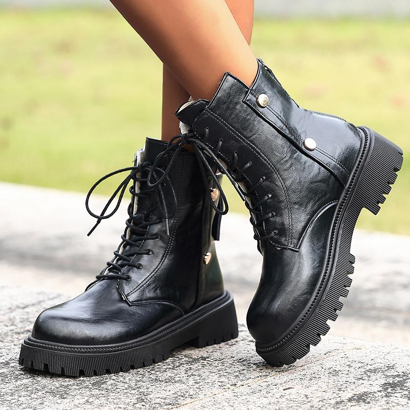 Fashion Black Thick Sole Punk Ankle Boots Women Vintage Lace Up Platform Motorcycle Boots Woman 2025 Pu Leather Gothic Shoes Size 35-42