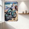 Vintage Turquoise Motorcycle Beach Metal Tin Sign with Starfish Purple Decals, Sand Ocean Waves, Bikini Woman Surfboard Man Chai