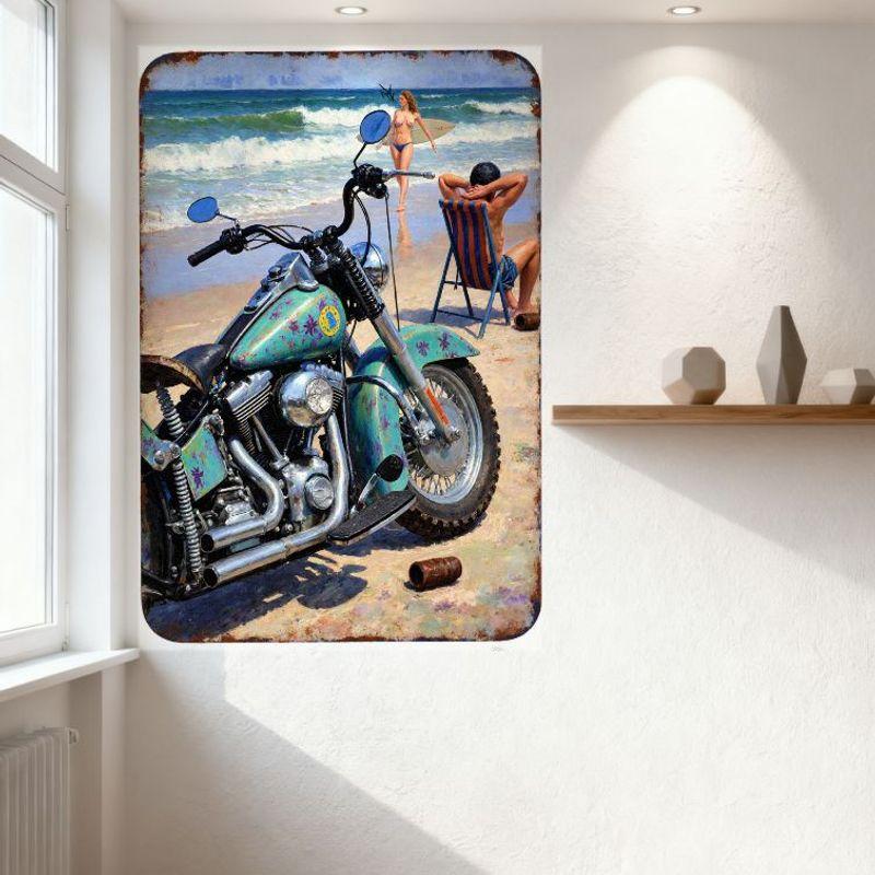 Vintage Turquoise Motorcycle Beach Metal Tin Sign with Starfish Purple Decals, Sand Ocean Waves, Bikini Woman Surfboard Man Chai