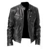 Solid Color Zipper Closure Men Jacket Faux Leather Stand Collar Multi Pockets Motorcycle Windbreaker Outerwear