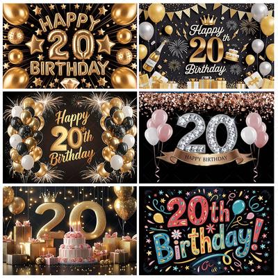 Black Gold Balloons 20 Years Old Backdrop Supplies Adult 20th Birthday Party Decorations Glitter Background Photography Props