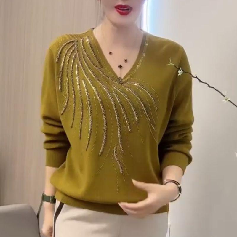 Autumn Winter Women Sweaters Pullovers Solid V-Neck Diamonds Temperament Fashion Casual Long Sleeve Bottoming Shirt Knit Tops