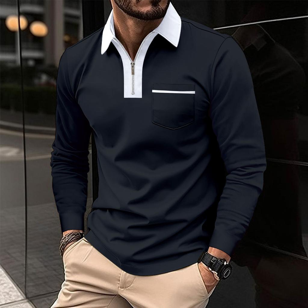 Mens Lapel Fashion Slim Pocket Zip Long Sleeve Men's T-Shirt POLO Shirt Tops