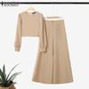 ZANZEA Women Long Sleeve Cropped Tops and Wide Leg Pants Casual Two Piece Suit Set
