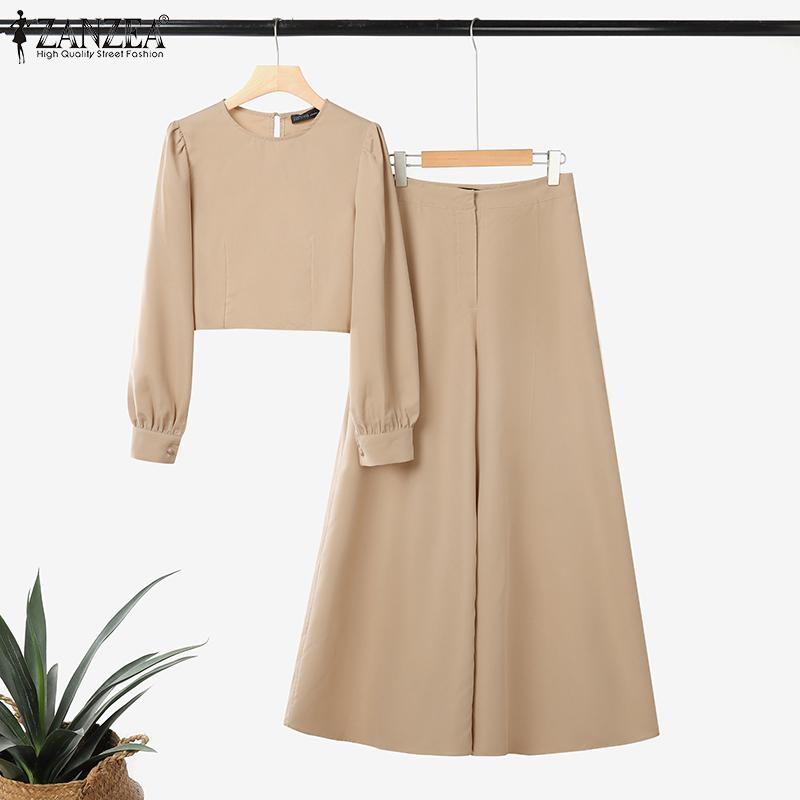 ZANZEA Women Long Sleeve Cropped Tops and Wide Leg Pants Casual Two Piece Suit Set