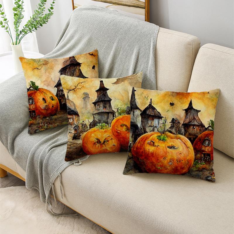 Halloween Interesting Pumpkin Lantern Series Castle Linen Throw Pillowcase Decorative Cushion Cover For Sofa Livingroom Party