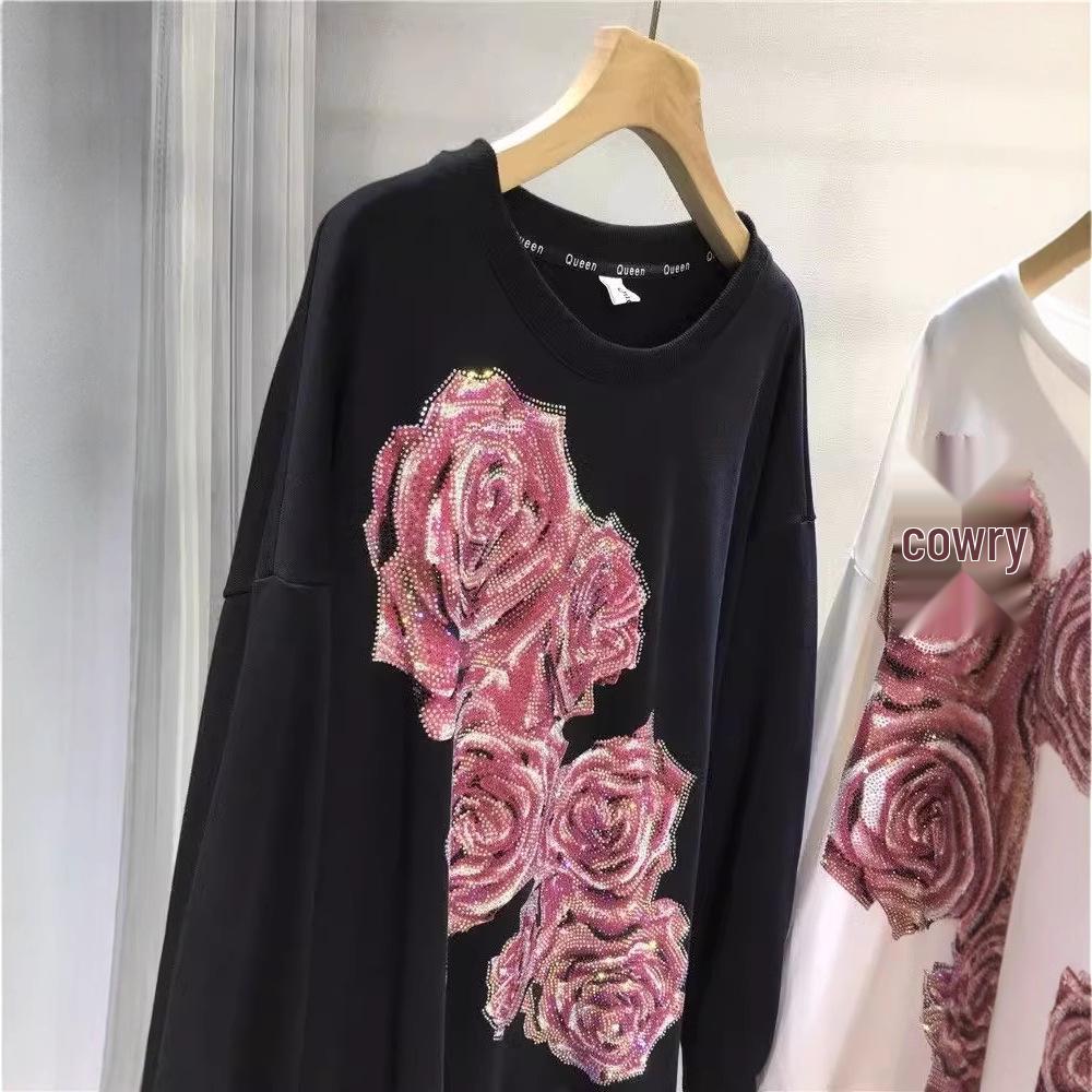 Super Large Rose Diamond Sweater: Heavyweight Slim Round Neck Pullover for Women (2-300 Lbs)