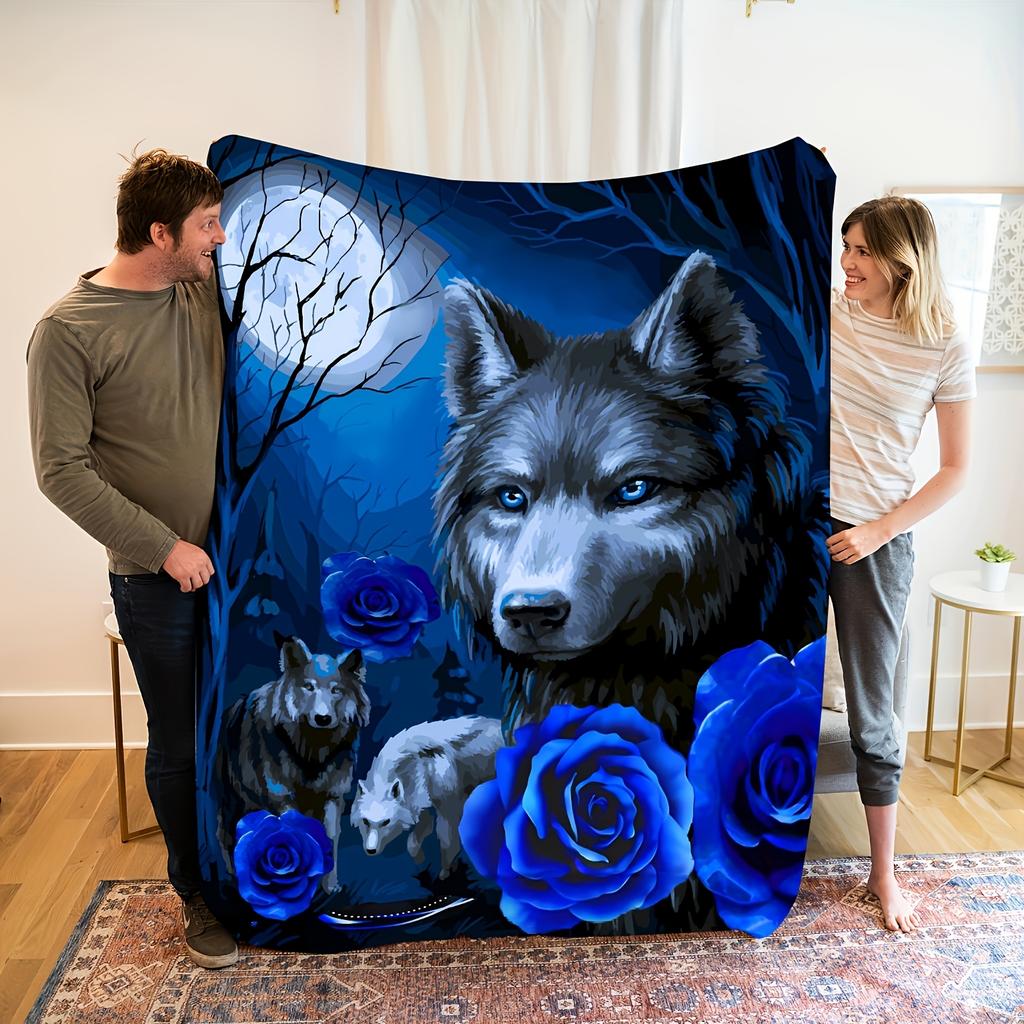 Mystic Wolf and Blue Rose Moonlight Print Throw Blanket Cozy Plush Decorative Bed Cover Boho Fantasy Aesthetic Gift for Bedroom