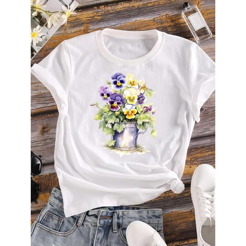 (European Size) 90s Women Flower Watercolor Trend Cute Short Sleeve Fashion Tee Top Clothing Print Lady Casual T-shirt Female Graphic T-shirts
