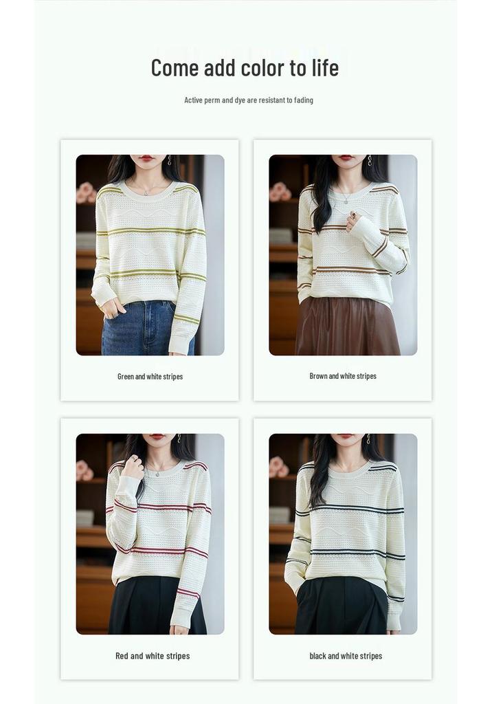Korean Striped Crew Neck Long Sleeve Knit Sweater for Women - 2025 Autumn Loose Fit
