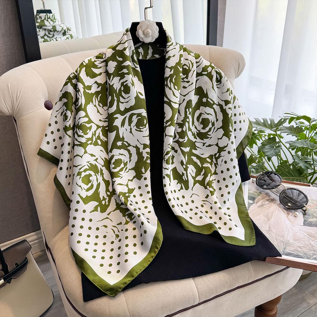 Polka Dot Camellia 90 Imitation Silk Large Square Scarf Shawl Commuting Versatile Printed Scarf Headscarf Silk Scarf Women