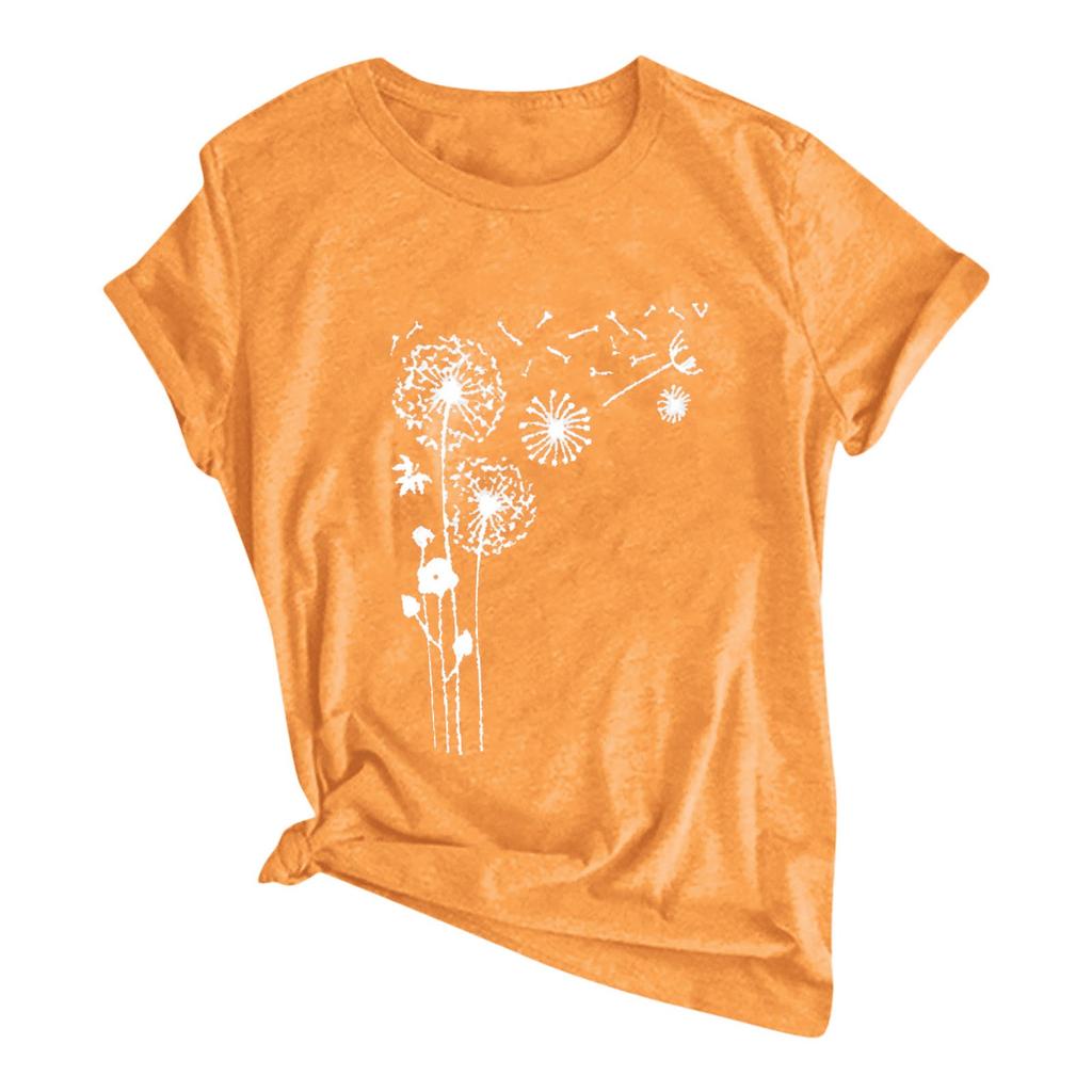 Women Fashion Flower Printing O-Neck Short T-Shirt Loose Blouse Top Shirt