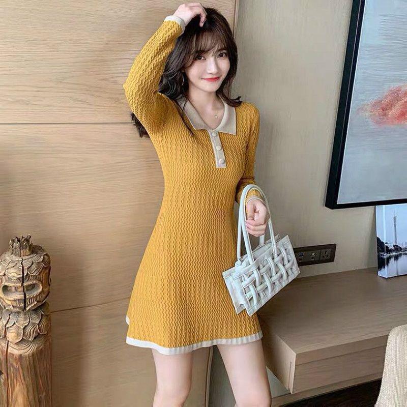 

Women s Long-Sleeve Knitted Dress: Slimming, Waist-Cinching, French-Style Sweater for Autumn & Winter - Perfect Layering with a Coat Large жовтий