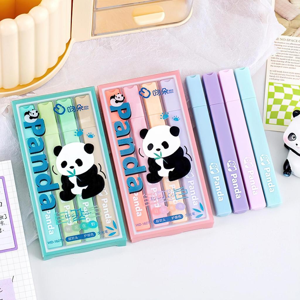 Set de 4 pixuri de evidențiere cu panda drăguț de culoare ușoară, butoi pătrat, căptușeală moale pentru marcator pentru desen, pictură, școală