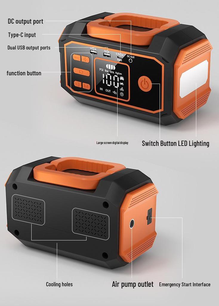 Portable Car Jump Starter with Integrated Lithium Battery and Tire Inflator