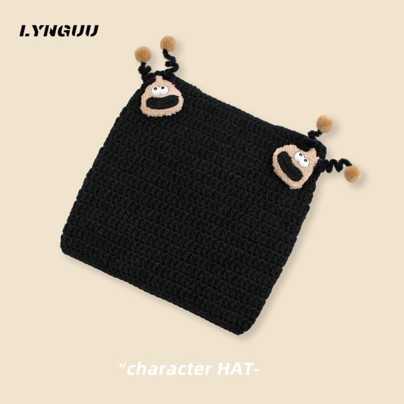 

New cute doll funny cartoon knitted hat children s autumn and winter warm wool hat big head circumference чёрный