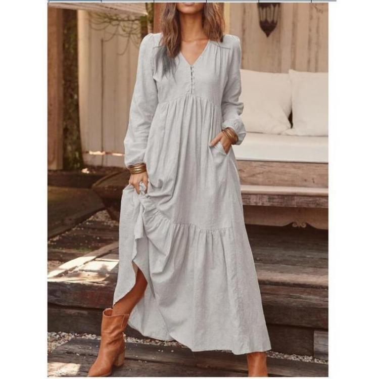 Boho Vintage Womens Maxi Dress Loose Cotton Linen Long Sleeve V Neck Button Down Pocket Dress Femme Robe Fall Winter
