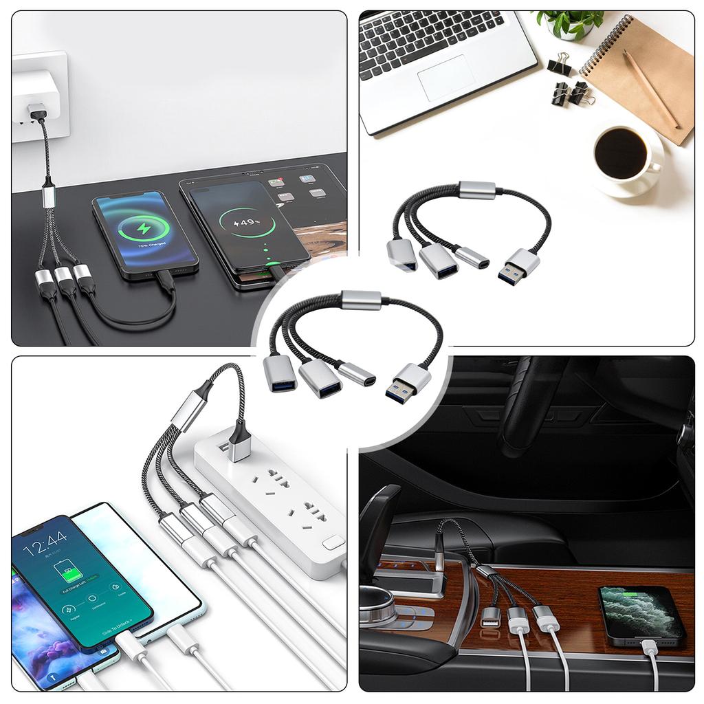 USB 2.0 Power Splitter Cable 1 Male To 2 Female Adapter with USB C for Charging and Data Sync For Laptop Computer