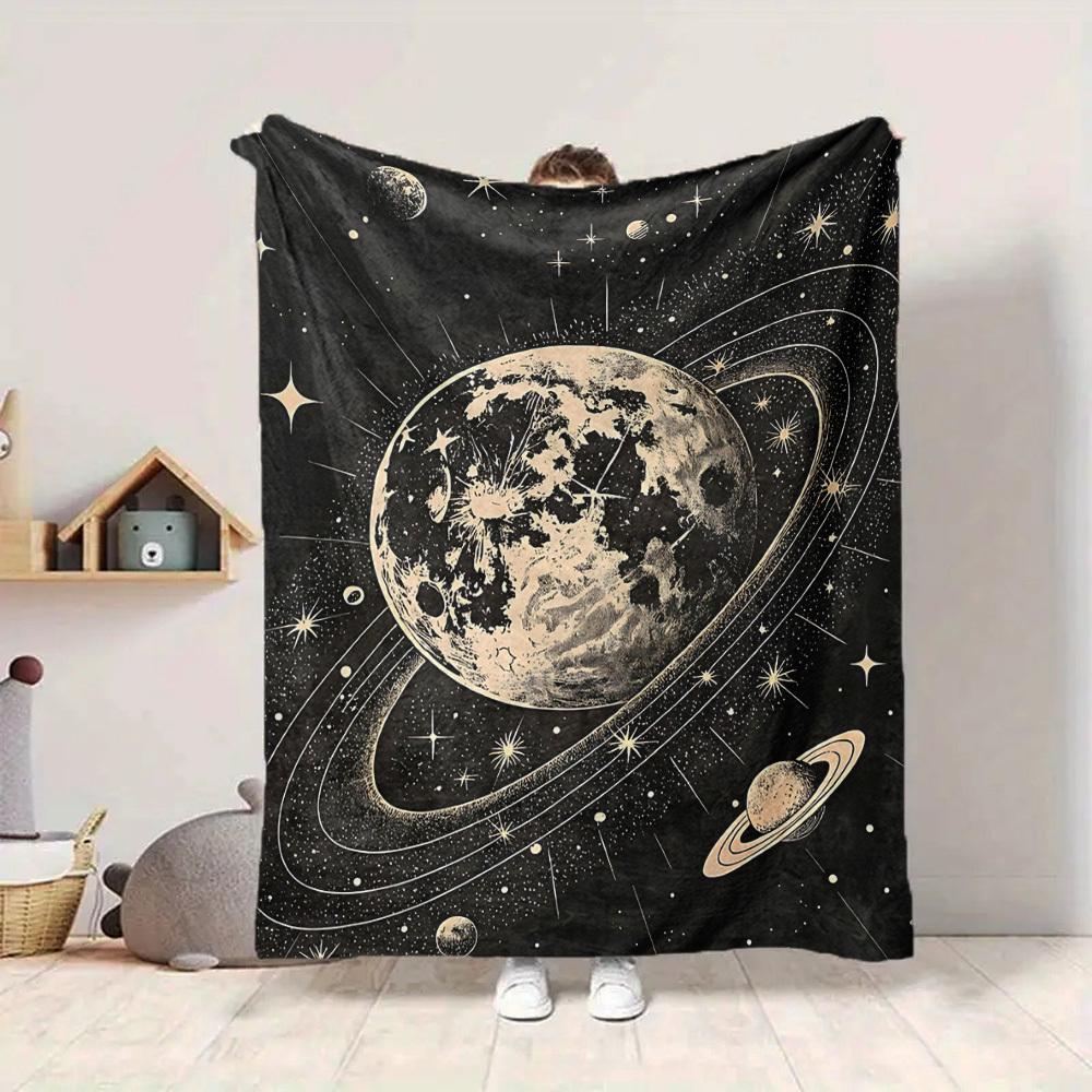 1pc Moon Saturn Print Blanket   Lightweight Flannel Throw Blanket For Sofa, Bed, Living Room, Office, Outdoor Travel, Camping