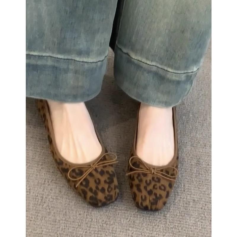 Cowhide version~ genuine leather French retro bow leopard print light mouth ballet single shoes women's one-pedal grandma shoes ladyshoes