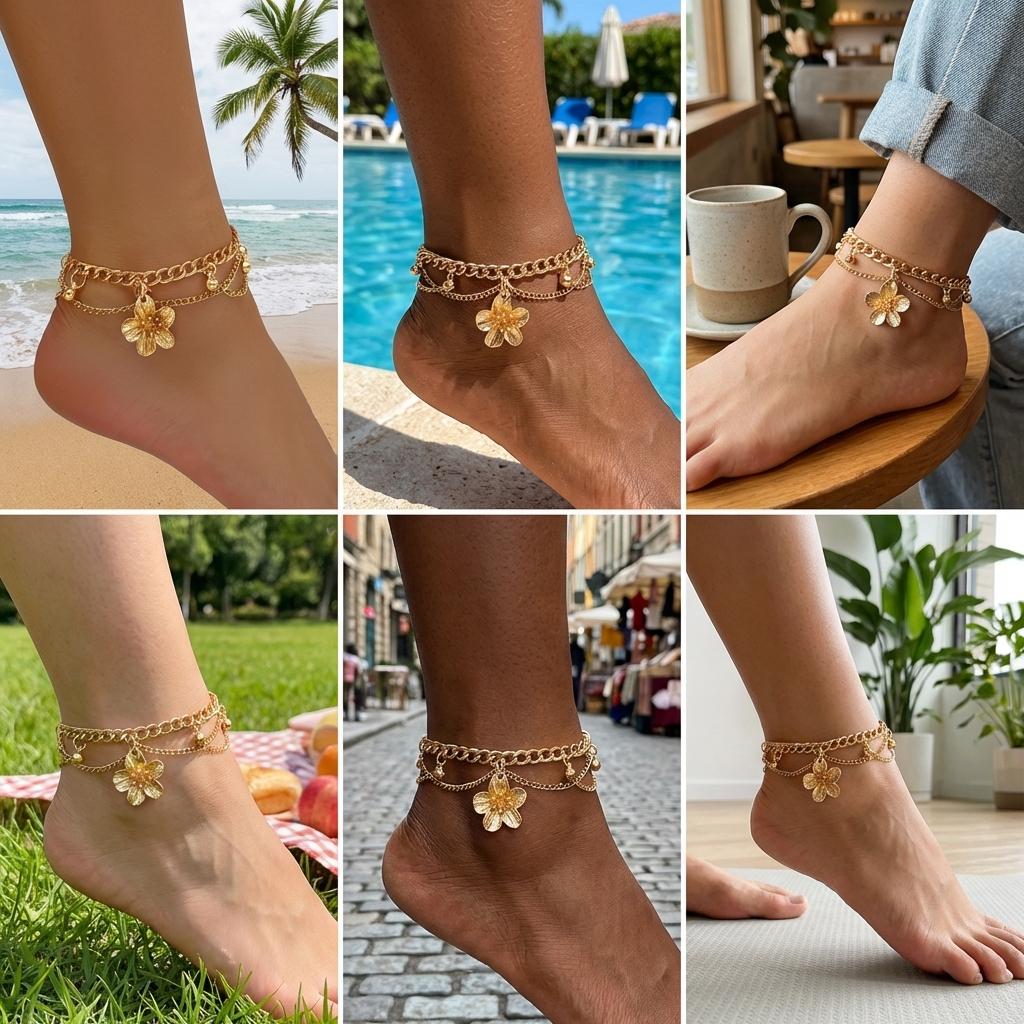 Fashion Metal Flower Pendant Anklet For Women Bohemian Vintage Gold Color Flower Tassel Ankle Chain Summer Beach Foot Jewelry