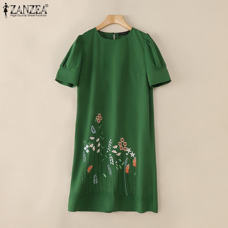 ZANZEA Rochie casual cu mânecă scurtă cu decolteu O cu broderie pentru femei