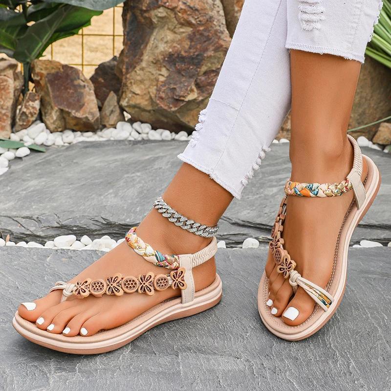 Bohemian String Beaded Flat Sandals for Women Summer Fashion Floral Printed Beach Shoes Woman Elastic Band Braided Roman Sandals