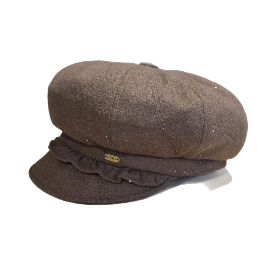 New Fashionable Sequined Pleated Edge Woolen Octagonal Hat for Women Japanese Style Sweet and Cute Face Showing Small Simple Newsboy Hat Trendy