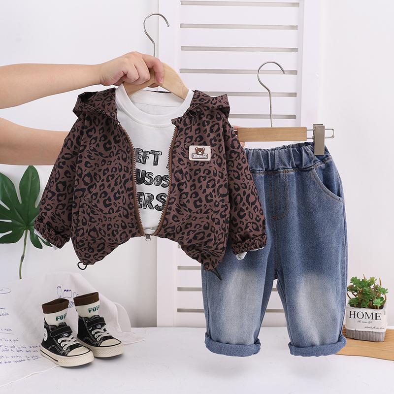 Boys' Long Sleeved 3-piece Set, Children's Leopard Print Hooded Jacket+round Neck White Top+casual Denim Pants