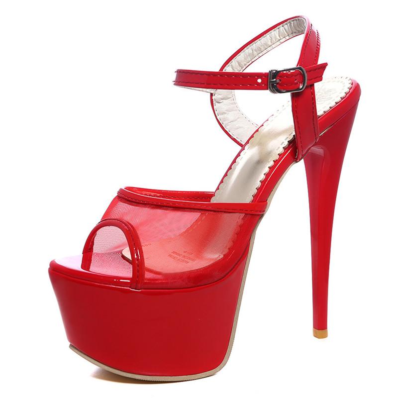 Módní síťované sandály Dámské letní boty Platforma Luxusní Červená Bílá Žabky Dámské Sexy 16cm Extrémně Vysoké Podpatky Striper Boty